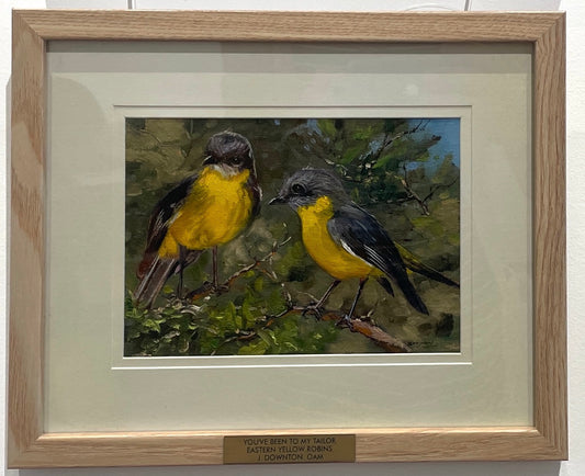 John Downton, "You've Been to my Tailor". Eastern Yellow Robins. Oil on Canvas